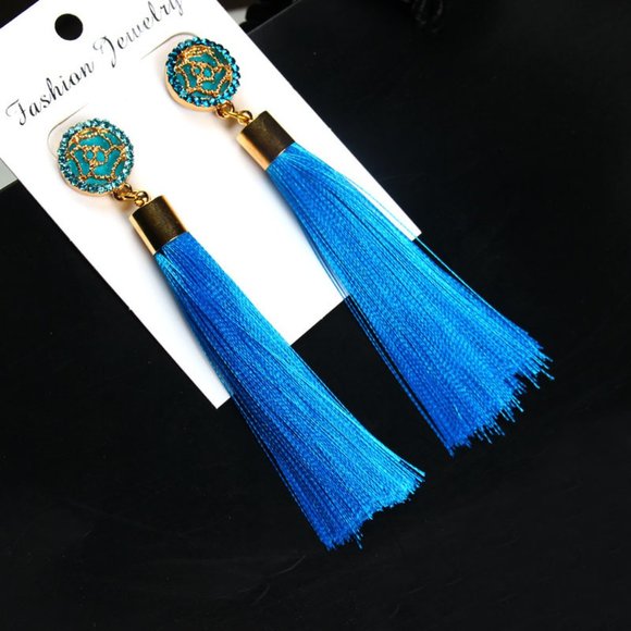 Blue Bohemian Tassel Earrings - Picture 3 of 4